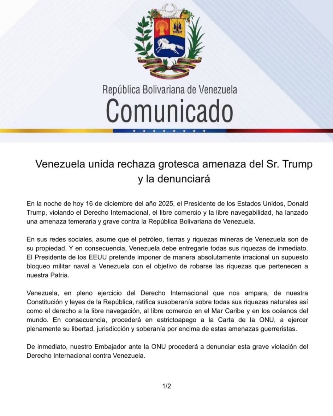 Repost @delcyrodriguezv Venezuela en unión nacional repudia amenaza militar de Donald Trump y defend...